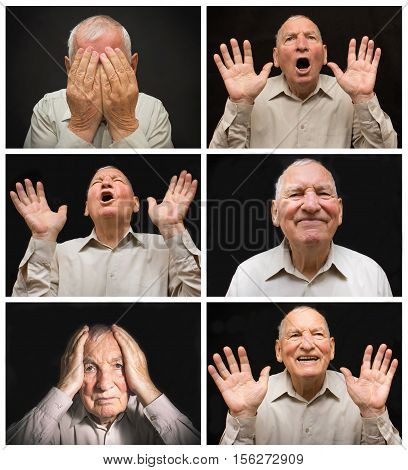 The old man with different emotions on a dark background. Collage