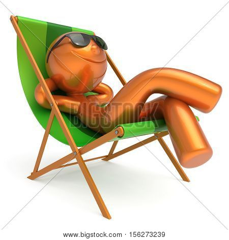 Man rest beach deck chair sunglasses smiling summer cartoon character chilling stylized person sun lounger tourist sunbathing outdoor vacation lifestyle travel destination relaxing. 3d illustration