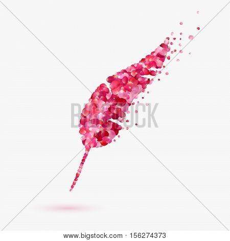 pen feather. Poetic symbol of pink rose petals