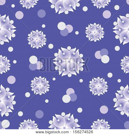 Snow flowers on a blue background. Seamless pattern. The cold color palette. Design for textiles, tableware, wrapping paper, covers, and cases.