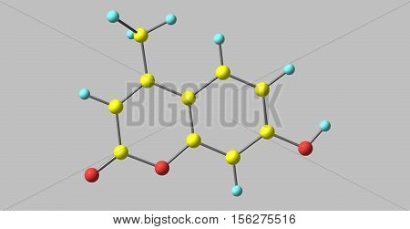 Hymecromone is a drug used in bile therapy. It is used as choleretic and antispasmodic drugs and as a standard for the fluorometric determination of enzyme activity. 3d illustration