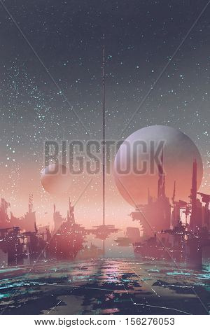 aerial view of sci-fi city with futuristic buildings on an alien planet, illustration painting