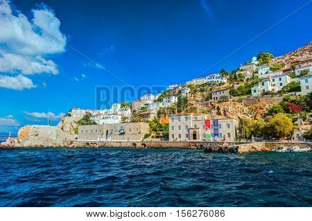 Hydra island on a summer day in Greece. Beautiful landscape with sea and island.