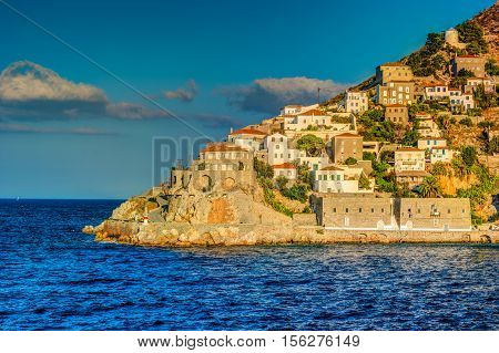 Hydra island on a summer day in Greece. Beautiful landscape with sea and island.