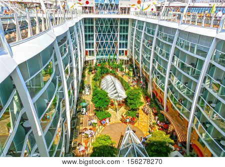 Barselona Spaine - September 06 2015: Royal Caribbean Allure of the Seas sailing from Barselona on September 6 2015. The second largest passenger ship constructed behind sister ship Oasis of the Seas. View of central park