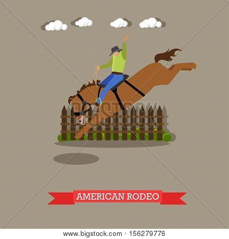 Rider in cowboy hat tries dressage wild horse in American Rodeo arena. Vector illustration in flat design style