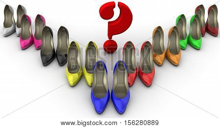 The color selection of women's shoes. The concept. A lot of multi colored women's shoes with high heels standing on a white surface with a red question symbol. 3D Illustration. Isolated