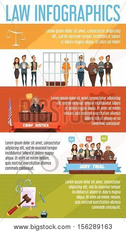 Law and justice legal system  infographic presentation retro cartoon banners set poster with court trial proceedings vector illustration