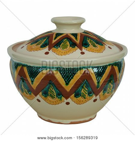 Ceramic pot with lid for soup. The product is handmade of clay. Painting in the technique Kosovo ceramics - it really authentic Ukrainian technique of painting on clay. Isolated on a white background