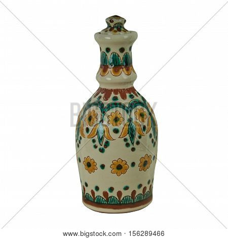 Ceramic bottle with stopper. The product is handmade of clay. Painting in the technique Kosovo ceramics - it really authentic Ukrainian technique of painting on clay. Isolated on a white background