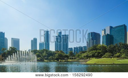 cityscape and trees grassland garden with water pool at the business town in the morning