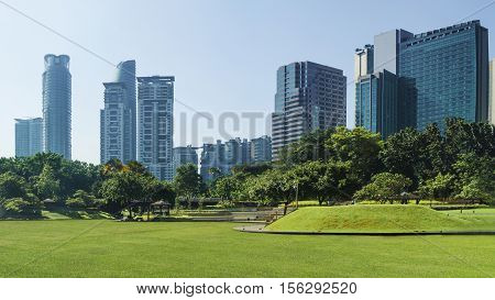 cityscape and trees grassland garden with water pool at the business town in the morning