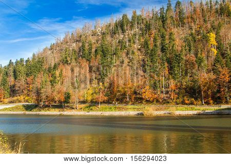 Beautiful lake Bajer, colorful autumn landscape, Fuzine, Gorski kotar, Croatia