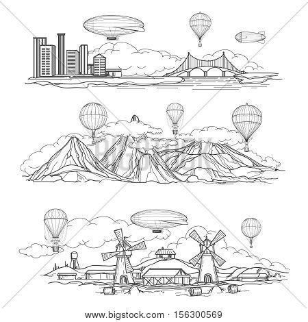 Hand drawn urban country and mountain landscapes with hot air balloons and airships parade. Vector illustration