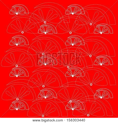 White fruit pattern on a red background.