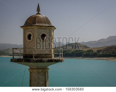 View of the tower at the dam over Rio Alhama Andalucia Southern Spain