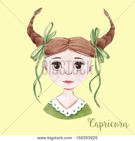 Beautiful watercolor hand drawn girl as a symbol of horoscope sign capricorn