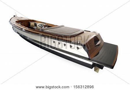 Wooden boat with steering wheel and dashboard isolated on white