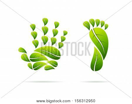 Ecological concept icons with green leaves shaped as hand and foot. Vector illustration image.
