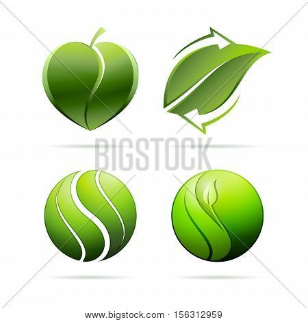 Ecological concept icons with green leaves shaped as heart recycling and yin yang. Vector illustration image.