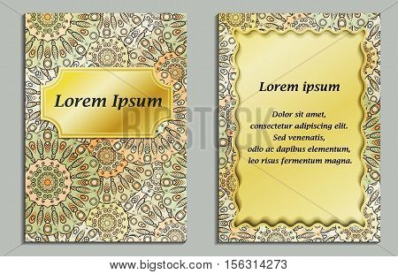 Card or invitation in oriental style with eastern floral mandalas ornament. Islam, Arabic, Indian, ottoman, chinese, japanese motifs in gold colors.