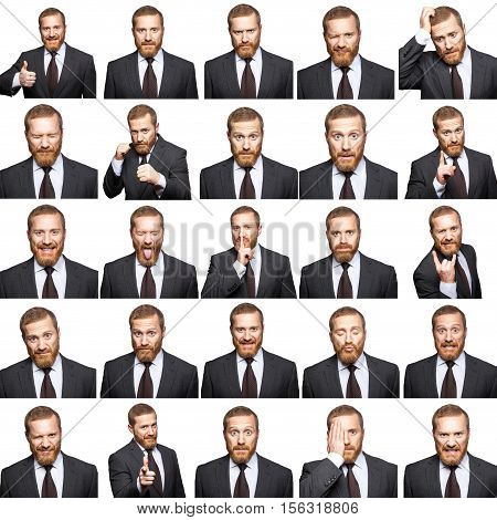 mosaic of businessman expressing different emotions. The bearded businessman with suit with 25 different emotions. isolated on white. studio shot.