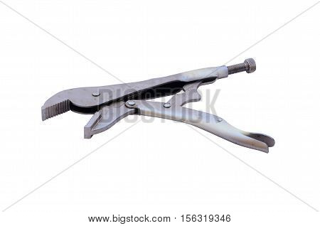 Steel locking pliers isolated on white background.