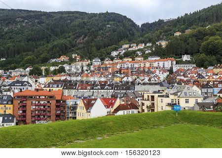 BERGEN, NORWAY - JULY 3, 2016: It is the remains of an ancient defensive structure Sverreborg overlooking the surrounding hills and residential zone Bergenhus.