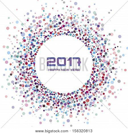 Colorful Bright New Year 2017 frame Background. Glowing confetti circle new year design frame. Vibrant colorful circle background new year card. Vector illustration