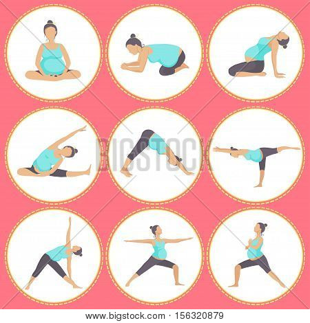 Set of 9 Yoga poses for Pregnant women. Prenatal exercise. Vector illustration.