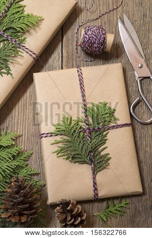 Wrapping Christmas presents with the cypress branches