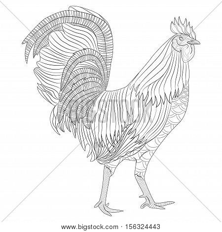 Rooster coloring book for adult Chicken Chinese zodiac symbol of the new year. Vector illustration isolated on white. Design for t-shirt print greeting card calendar.