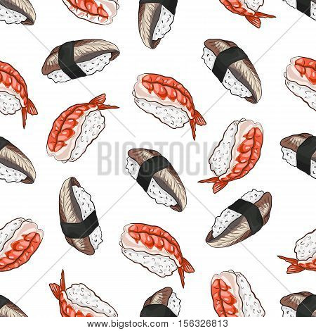 Vector seamless pattern unagi nigiri Sushi and Ebi Nigiri Sushi, color