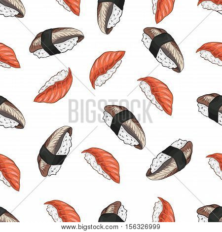 Vector seamless pattern unagi nigiri Sushi and nigiri sake, color