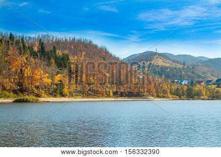 Beautiful town of Fuzine on Lake Bajer, Gorski kotar, Croatia, in autumn