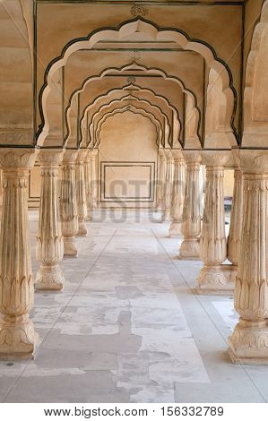 JAIPUR, INDIA - FEBRUARY 16: White marble hall of Sattais Katcheri at Amber Fort in Jaipur, Rajasthan, India, on February 16, 2016.