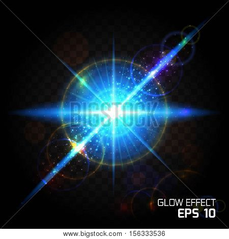 Bright sun flare glow effect glowing dust explosion. A colorful view of a lens flare on a transparent background. Vector illustration.