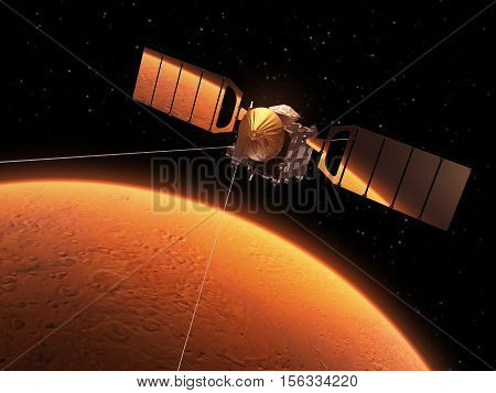 Red Planet Is Reflected In Solar Panels Of Interplanetary Space Station. 3D Illustration.