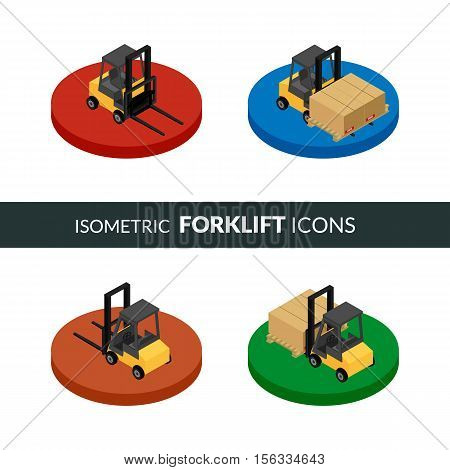 vector illustration. Set of isometric icons of the forklift. Loader with pallet with boxes.3D.