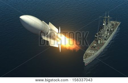 Missile Launch From A Warship On The High Seas. 3D Illustration.