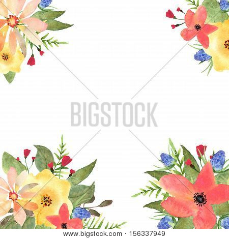Floral greeting card, invitation, banner. Frame for your text with flowers drawingl watercolor.