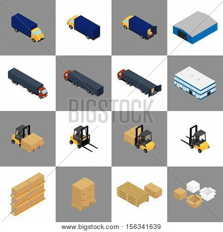 Vector illustration. Set of isometric icons storage packaging and delivery. Warehouse truck forklift pallets with boxes.