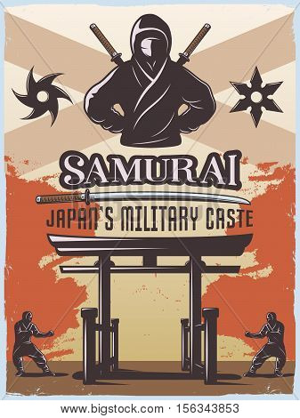 Samurai japan military style poster with warrior sword shuriken symbols torii gate and editable text flat vector illustration