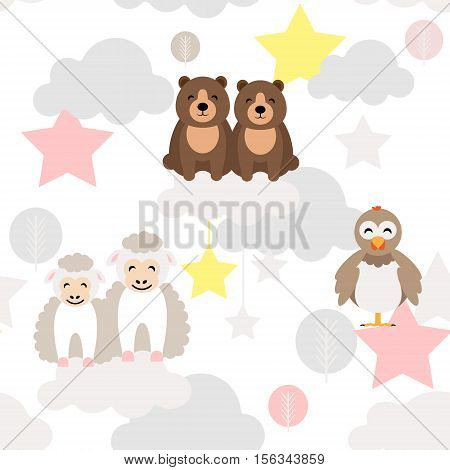 Cute animal kid vector seamless pattern with bear, chick, ewe lamb