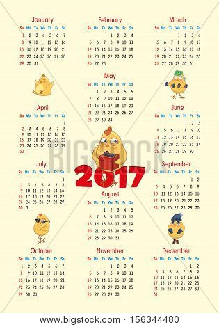 Calendar 2017 with active chickens. vector illustration