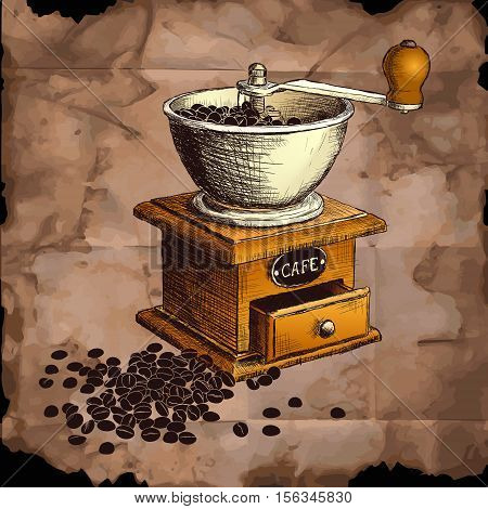 Coffee mill. Hand drawn illustration. Color can be changed in one click