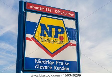 BURG / GERMANY - NOVEMBER 13 2016: Branch from NP supermarket chain. Niedrig-Preis market is a food discounter with the dissemination area in northern Germany.