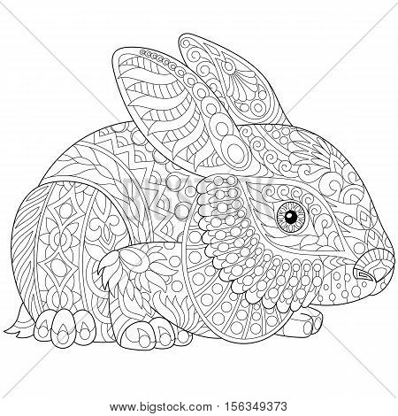 Stylized rabbit (bunny hare) isolated on white background. Freehand sketch for adult anti stress coloring book page with doodle and zentangle elements.