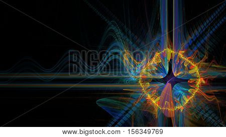 Fractal abstract illustration ring of fire with flames and cruciform empty core is surrounded by a wavy blue red yellow lines leaving in the dark on a black background in space