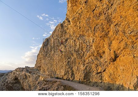 Two climbers on a steep rock. Cape Alchak Crimea.